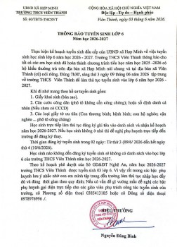 THÔNG BÁO TUYỂN SINH LỚP 6 NĂM HỌC 2026-2027