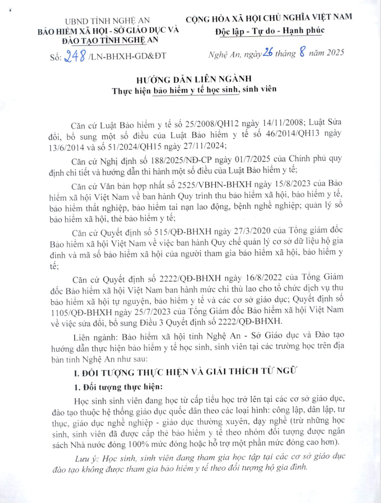 Hướng dẫn liên ngành BHYT HS-SV