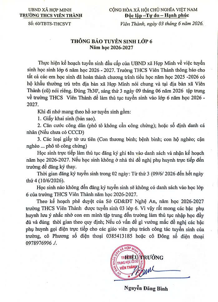 THÔNG BÁO TUYỂN SINH LỚP 6 NĂM HỌC 2026-2027